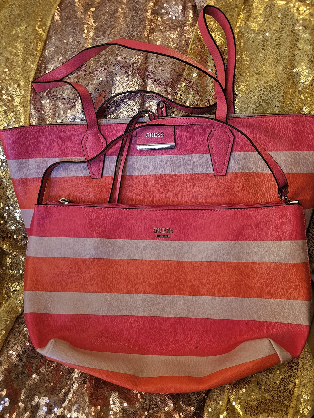 GUESS Pink, Coral & Light Pink Striped Tote Set